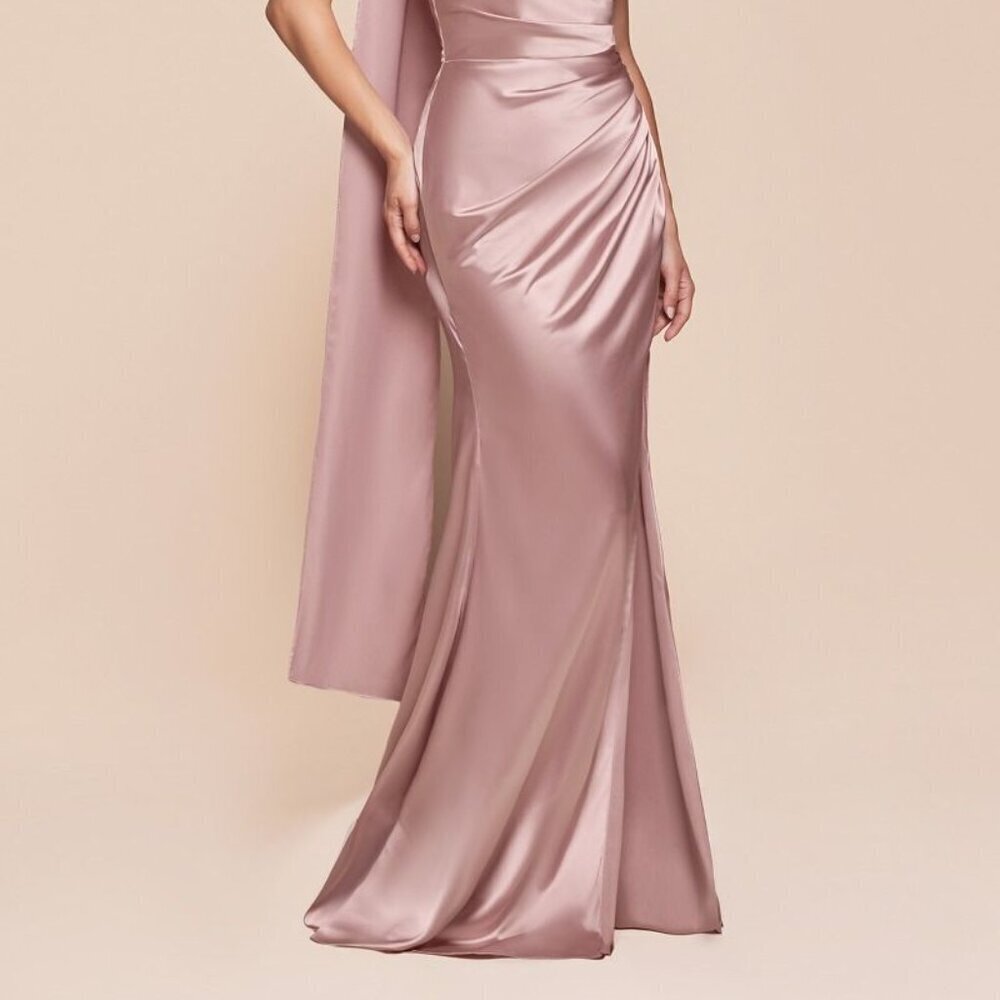 NEW FORMAL SHEATH SATIN DRESS W/ WRAP HALTER NECK LEG SLIT & ZIPPER BACK CD 7454 - Picture 5 of 11